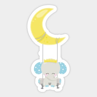 Cute Elephant, Elephant On A Swing, Crown, Moon Sticker